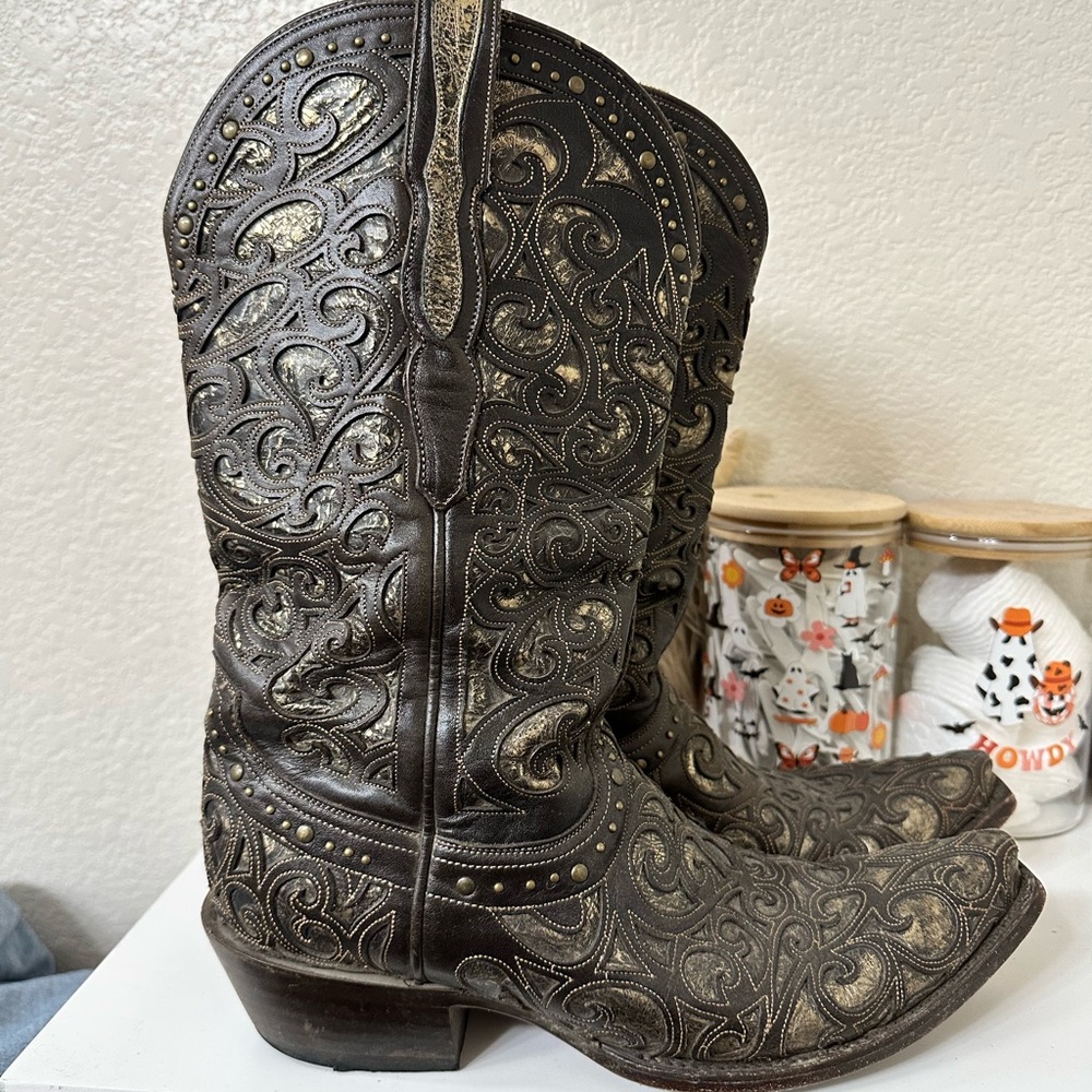 Lucchese Brown and Gold Heeled Boots